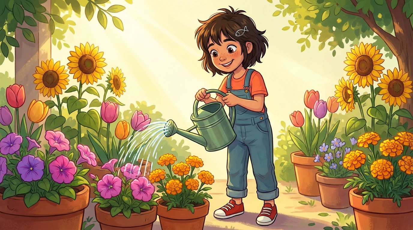 Mira watering colorful flowers in pots