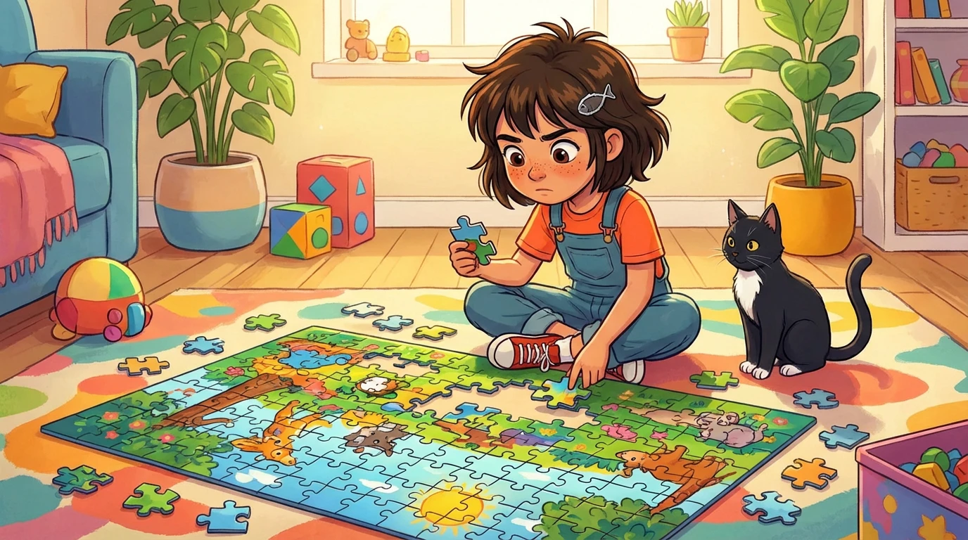 Mira putting together a very large and colorful puzzle