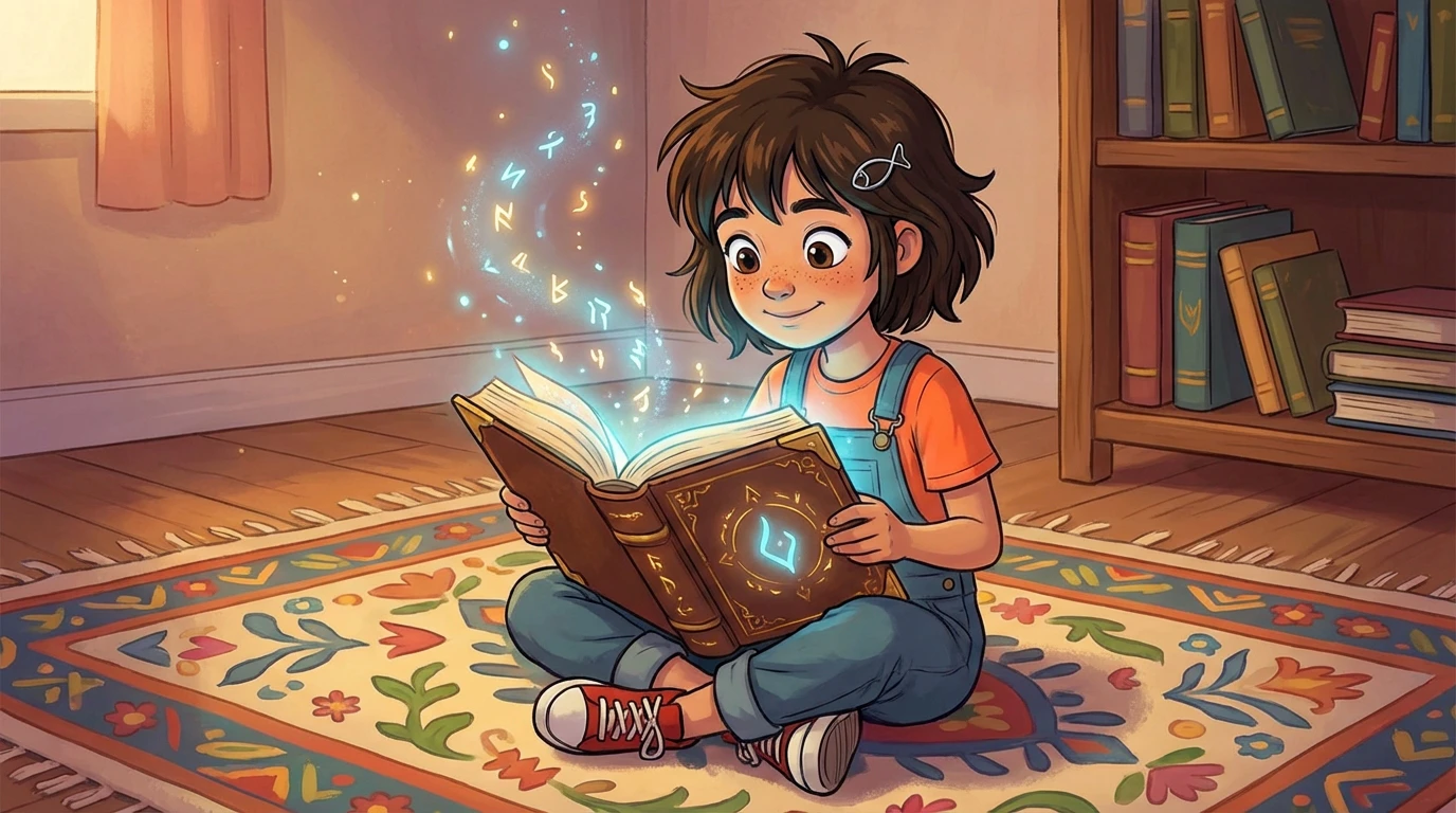 Mira reading a large, magical book