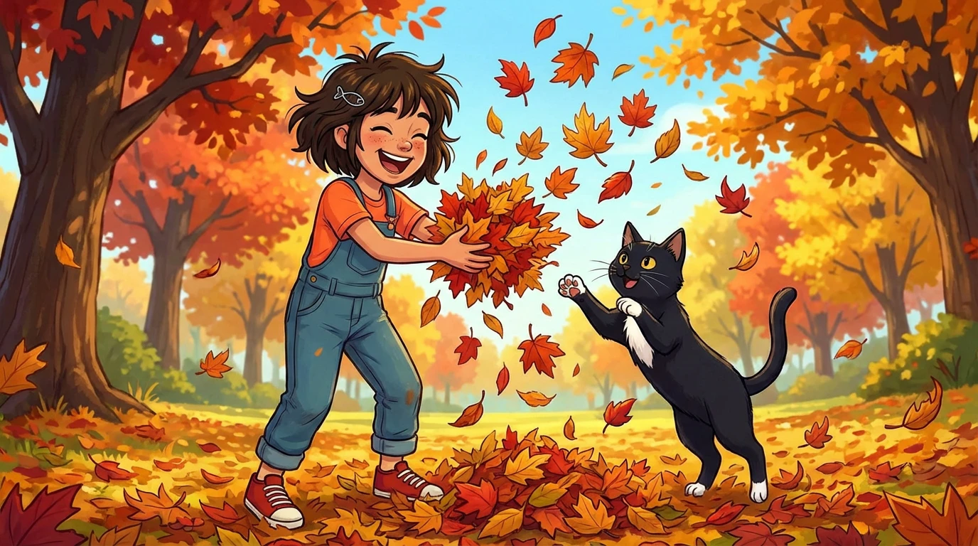 Mira and Tot throwing colorful autumn leaves