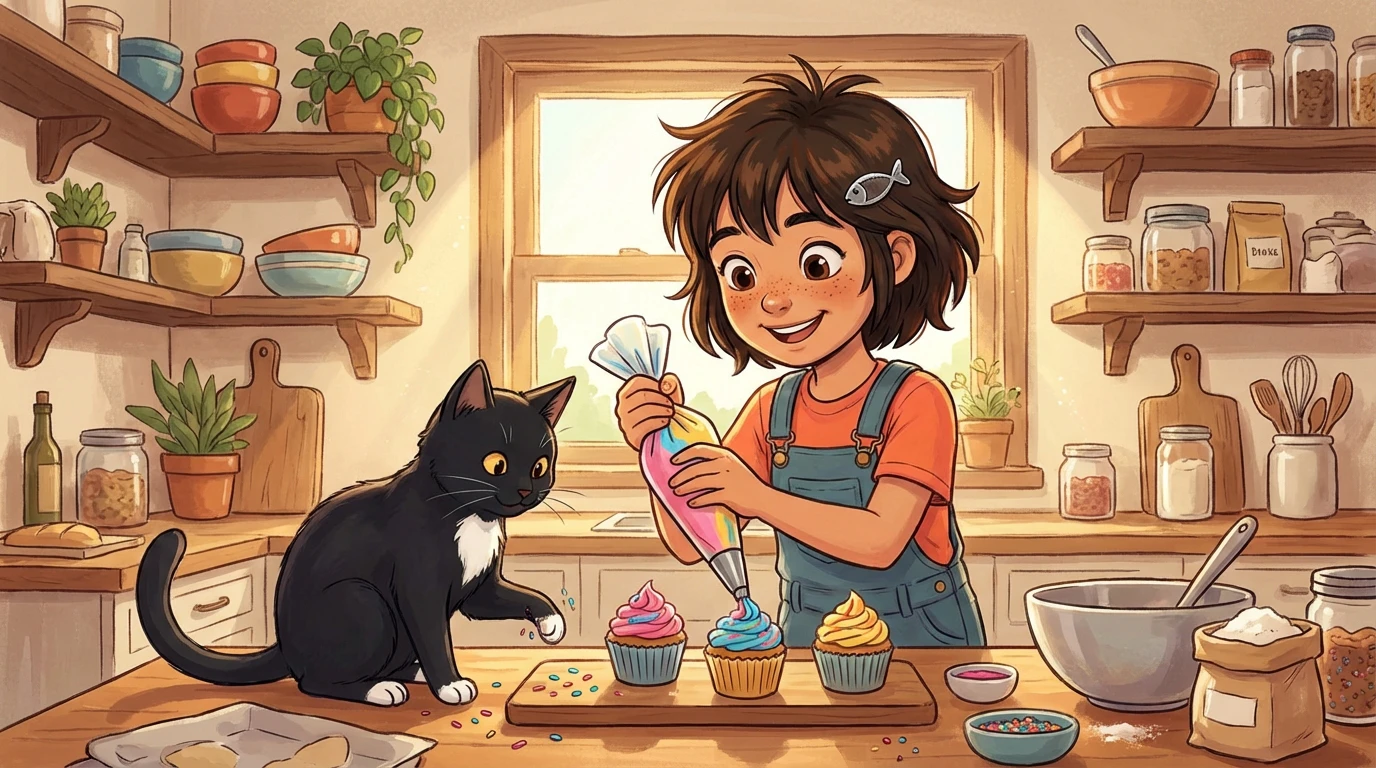 Mira and Tot decorating cupcakes in the kitchen