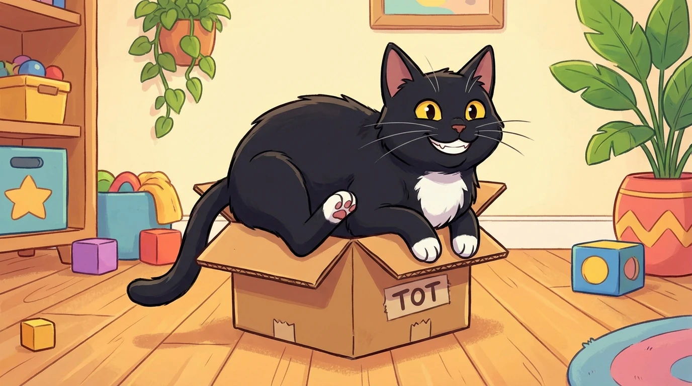 Cat Tot sitting in a cardboard box that is way too small