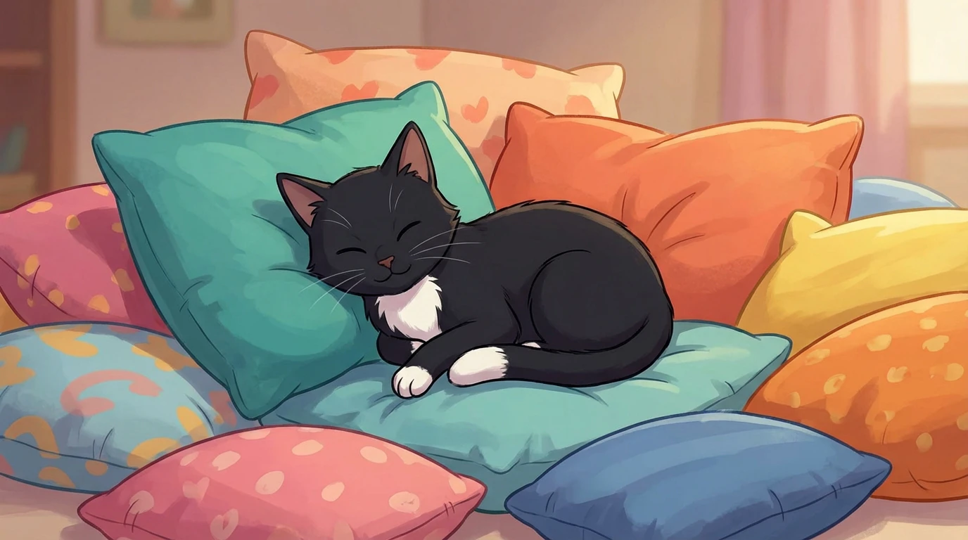Cat Tot sleeping on a pile of colorful pillows