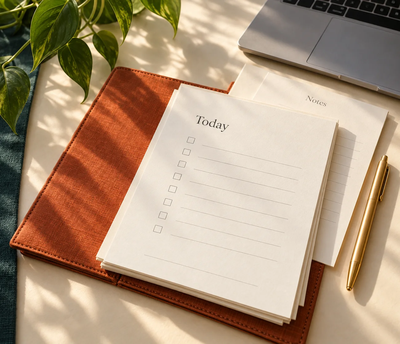 Paper planners, an orange notebook, and a pen on a sunlit desk